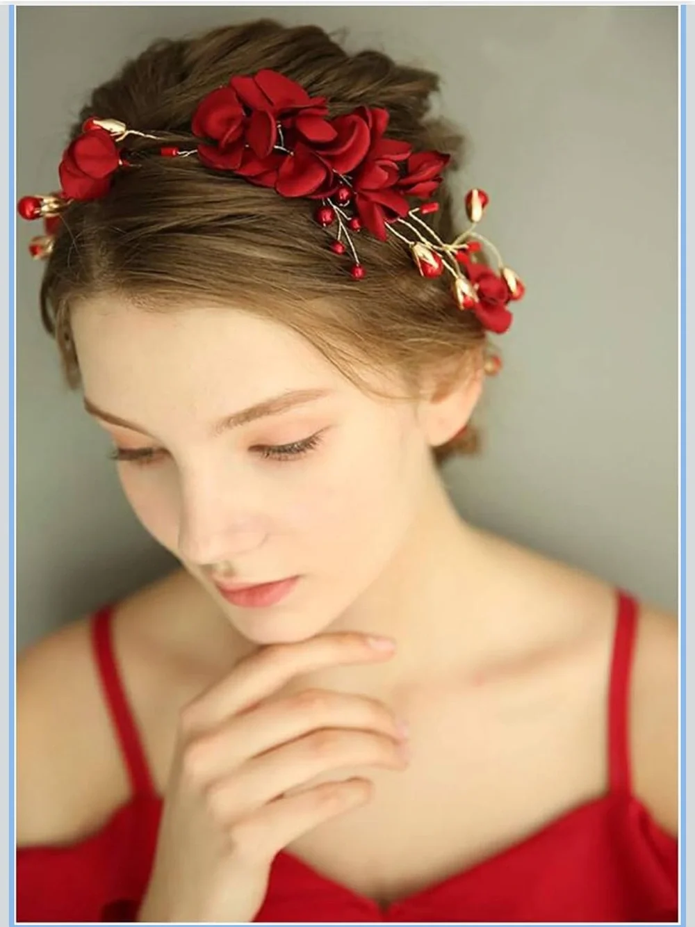 Amazon Red Floral Hair Vine with Gold Accents